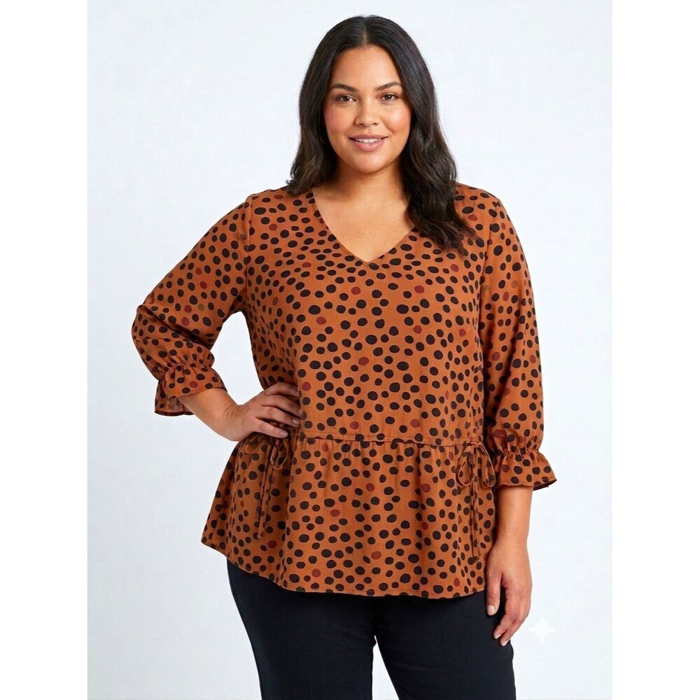 EVRI Womens Top 1X Brown Polka Dot V-Neck Drawstring Waist Babydoll Ruffle Slv
